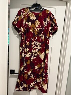 Calvin Klein Burgundy, Cream & Mustard Floral Midi Dress